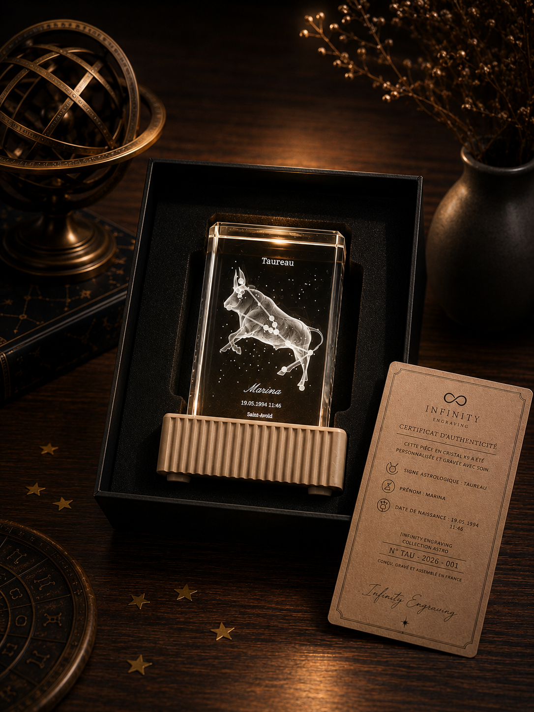 Cristal K9 gravé signe astrologique Taureau avec coffret