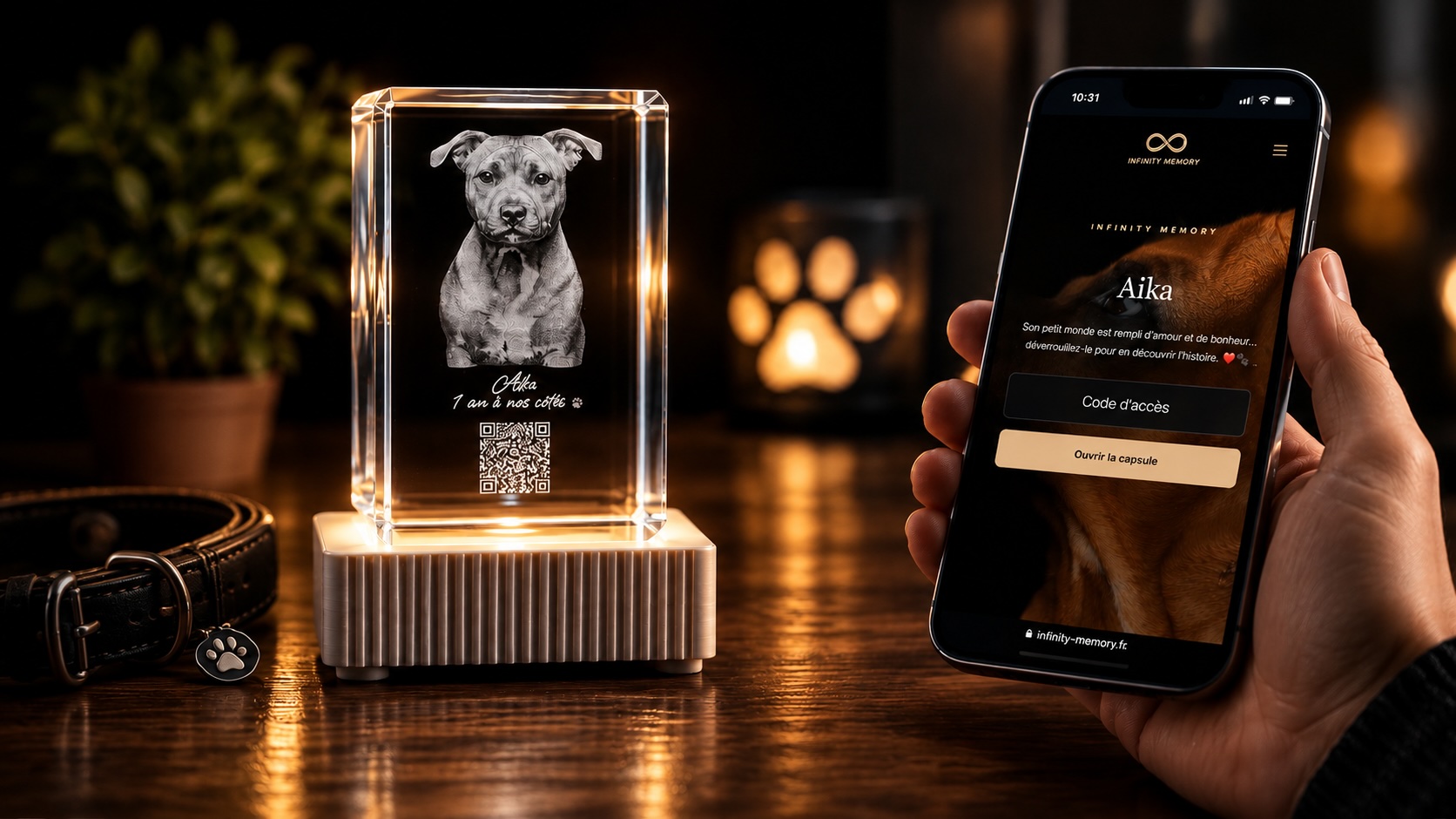 Cristal K9 personnalisé Infinity Memory relié à une capsule souvenir numérique privée